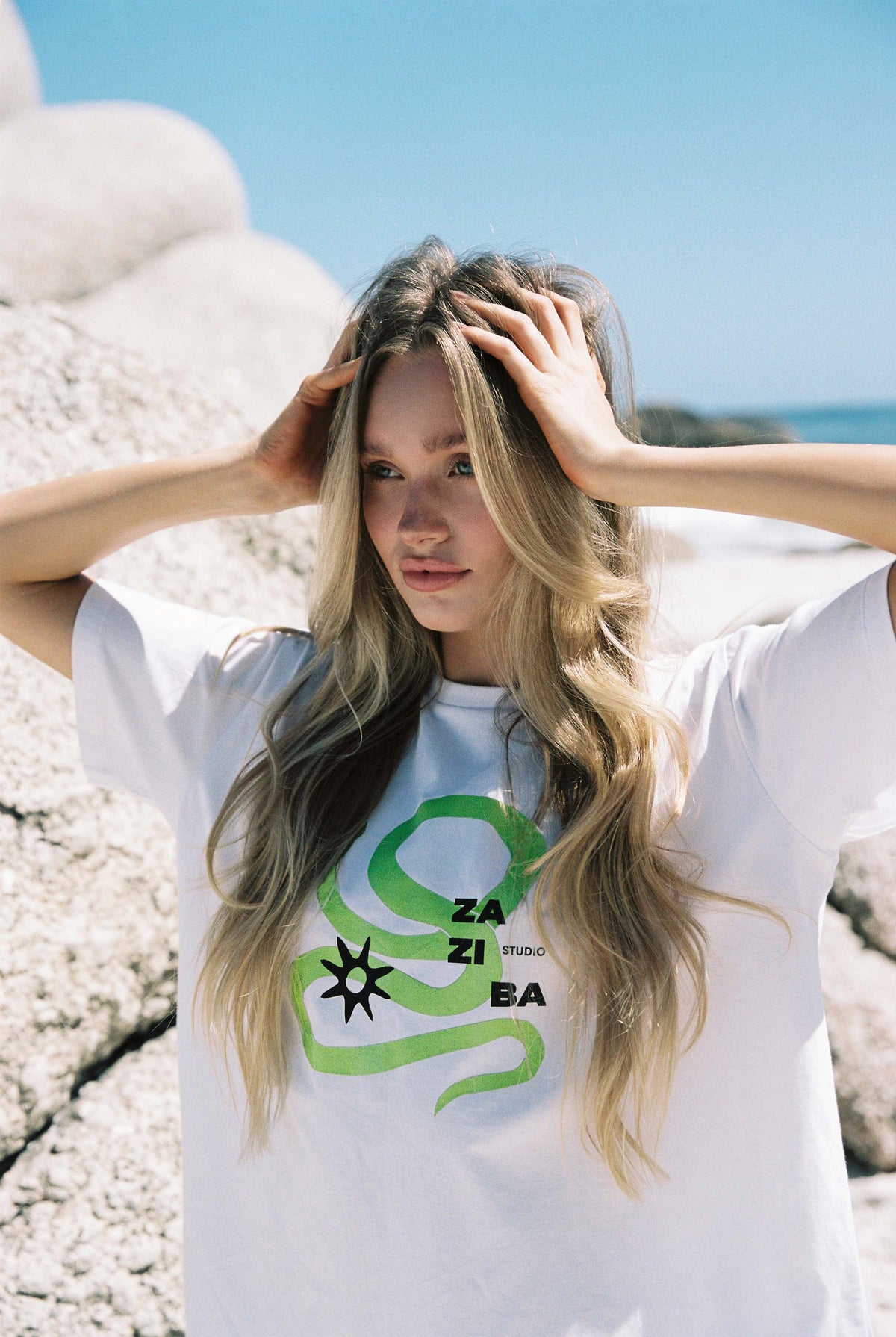 white tshirt with snake print cotton Zaziba studio mollymook beach