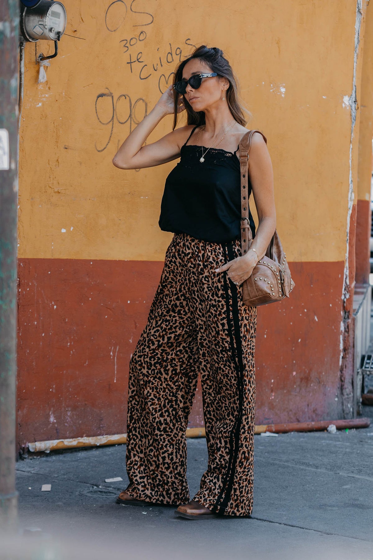 Jaya Linen Pant in Vogue animal print with 2 black side stripes by Zaziba Studio Australian fashion label