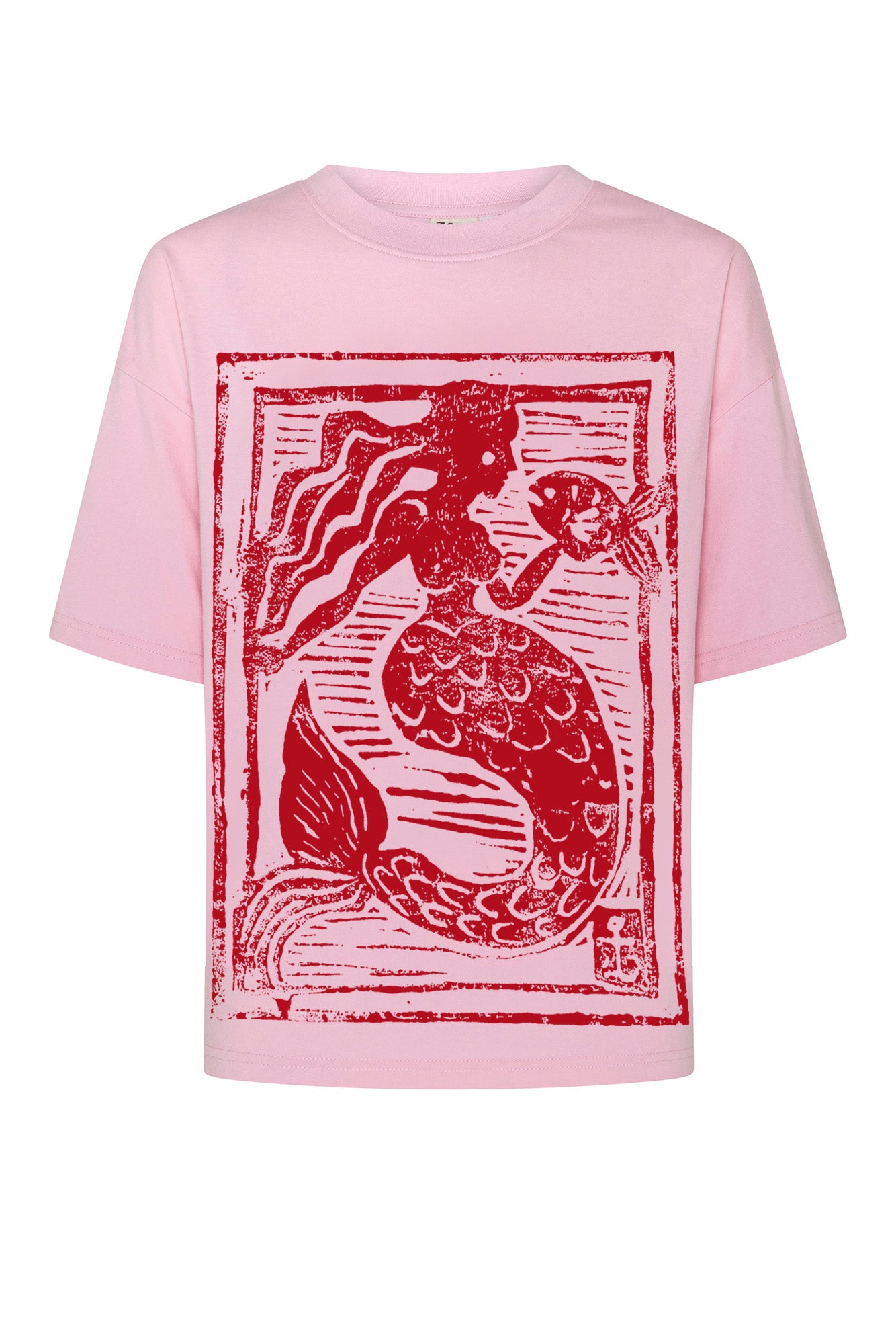 mermaid tee in pink with red print